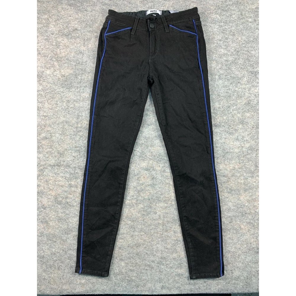 Womens 28 Paige Black Skinny Jeans Pants with Blue Piping Zip Button Pockets - Picture 2 of 12